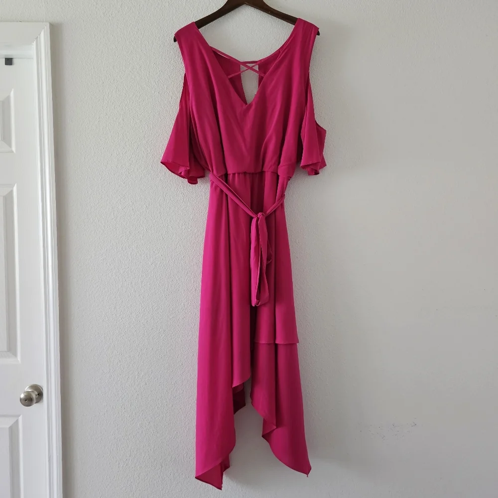 Lane Bryant cold shoulder dress sz 20 pink shark bite hem tie belt NWT - Picture 9 of 15
